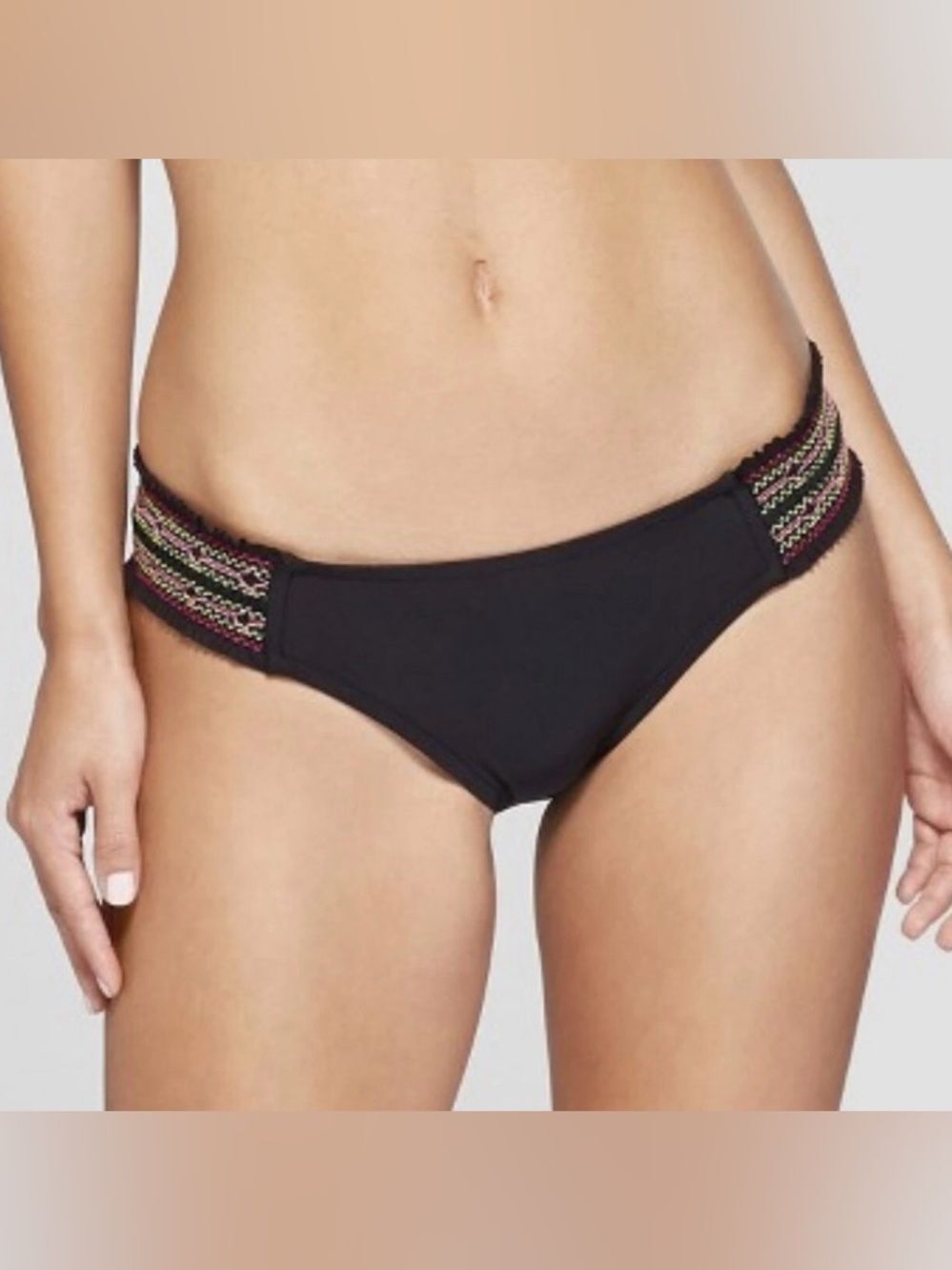 Mossimo Black Bikini Hipster Multicolor Woven Embroidered Side Bands XL
